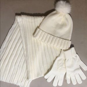 Winter white hat scarf gloves set